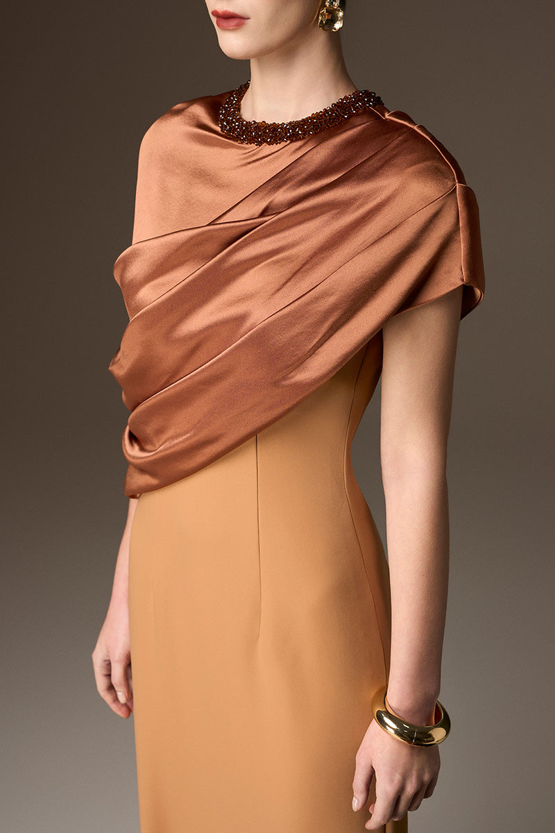 Round Neck Column Gown With Asymmetric Cape In Brown Satin Silk And Light Brown Crepe