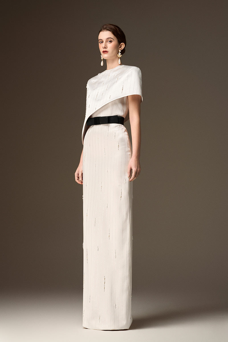 Round Neck Column Gown With Asymmetric Cape In White Metallic Striped Silk