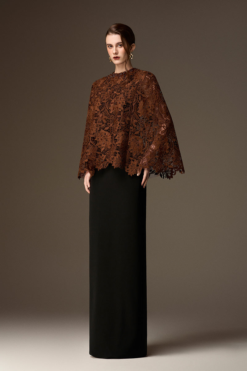 Round Neck Column Gown With Cape In Black Crepe And Cocoa Brown Lily Floral Lace