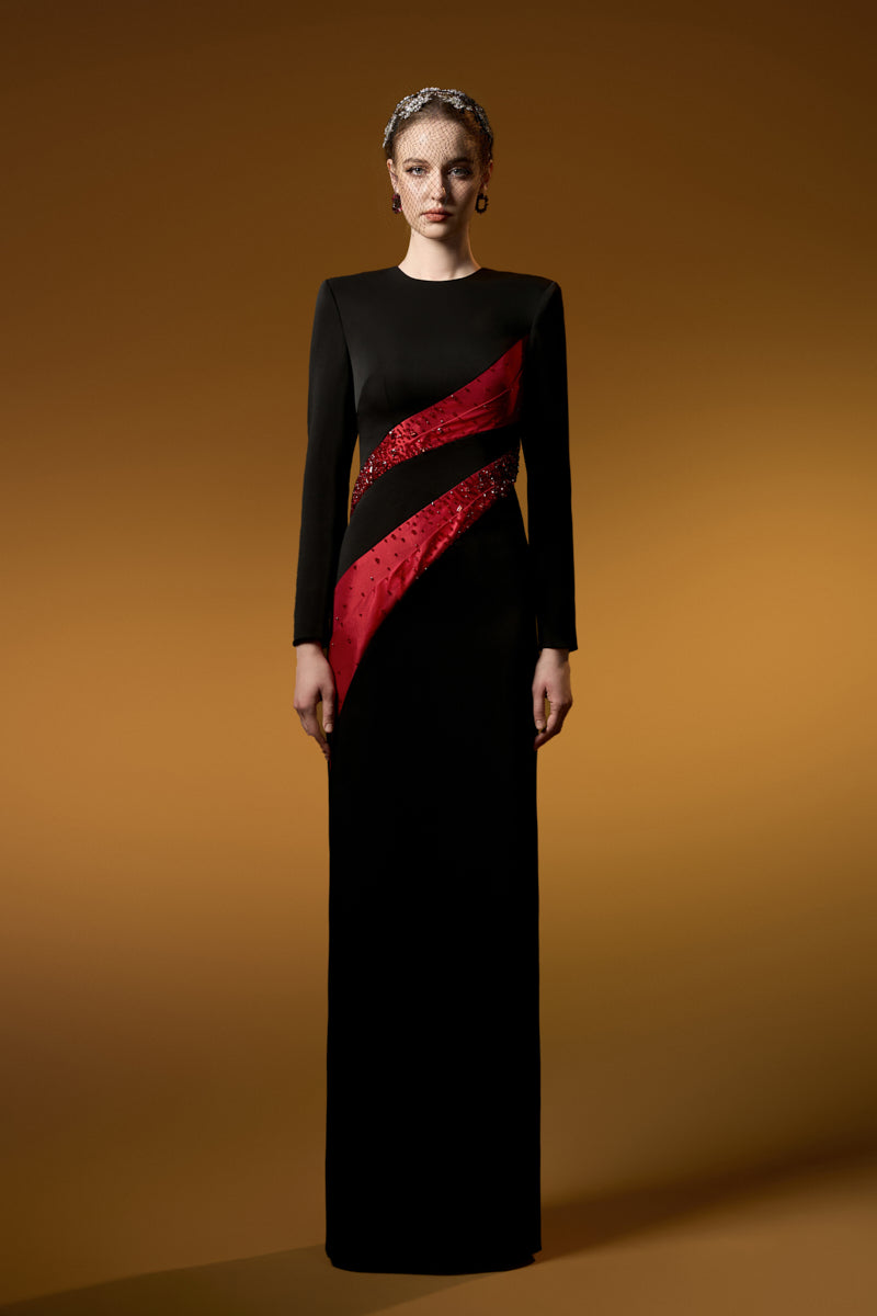 Round Neck Column Gown With Draped Lines Across Bodice