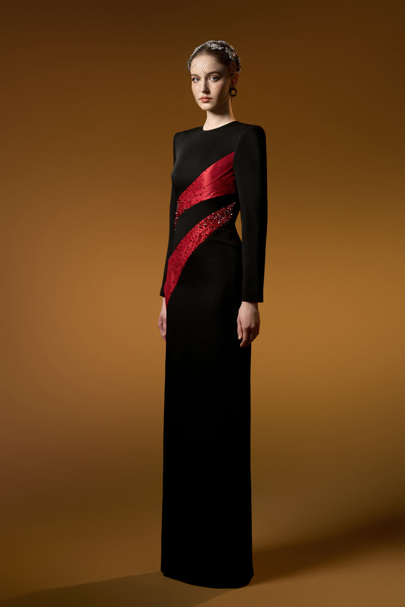 Round Neck Column Gown With Draped Lines Across Bodice
