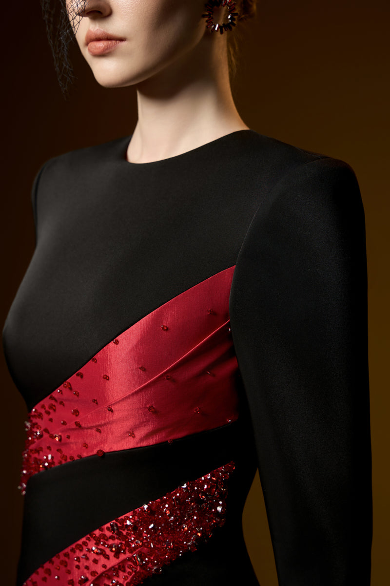 Round Neck Column Gown With Draped Lines Across Bodice