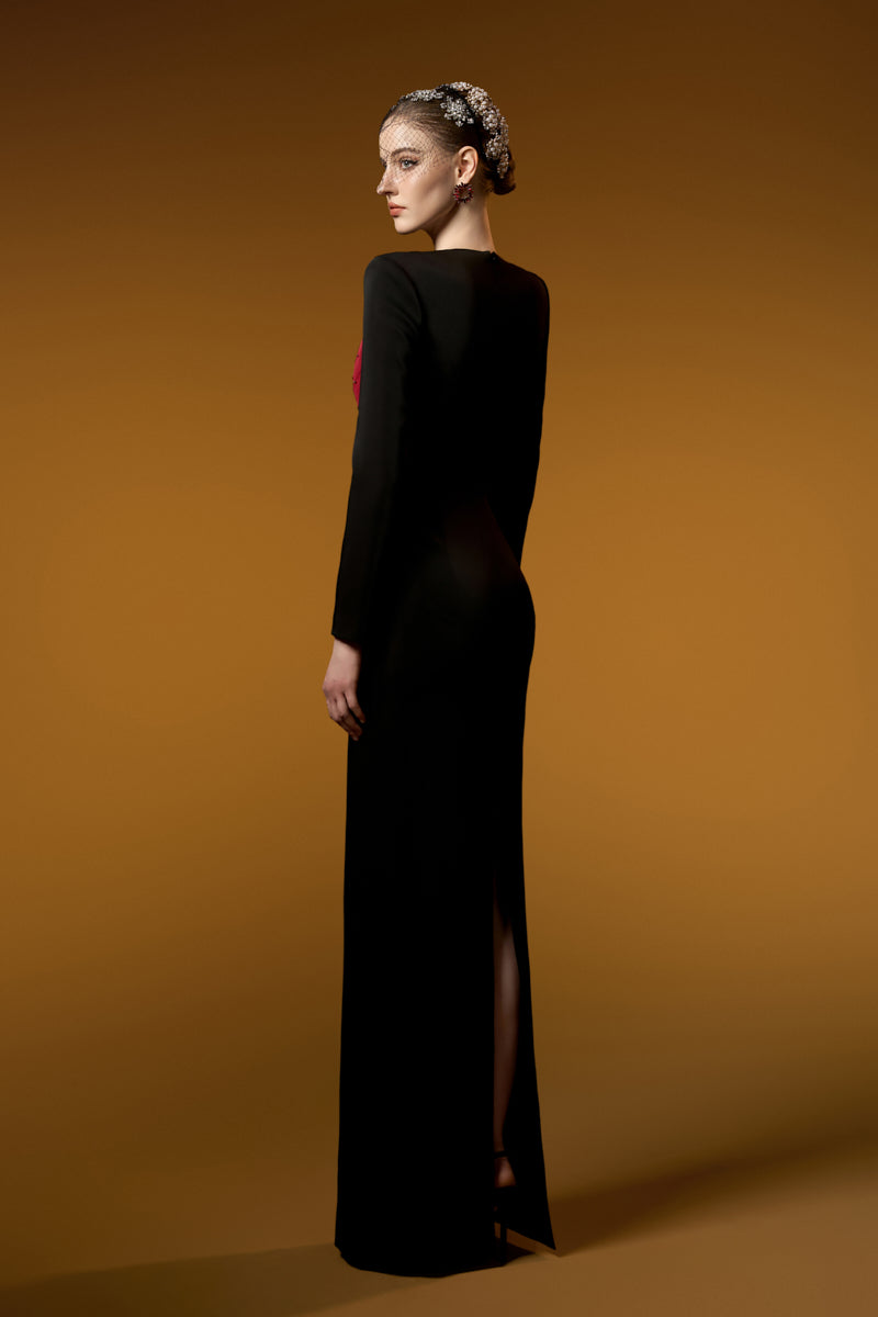 Round Neck Column Gown With Draped Lines Across Bodice