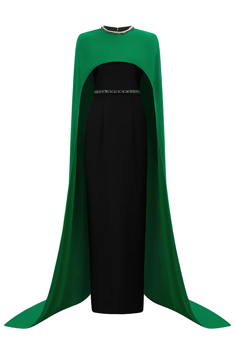 Round Neck Column Gown With Floor Length Cape Sleeves