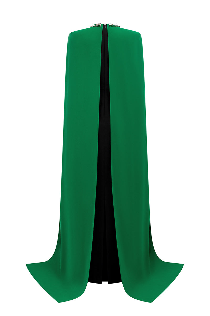 Round Neck Column Gown With Floor Length Cape Sleeves