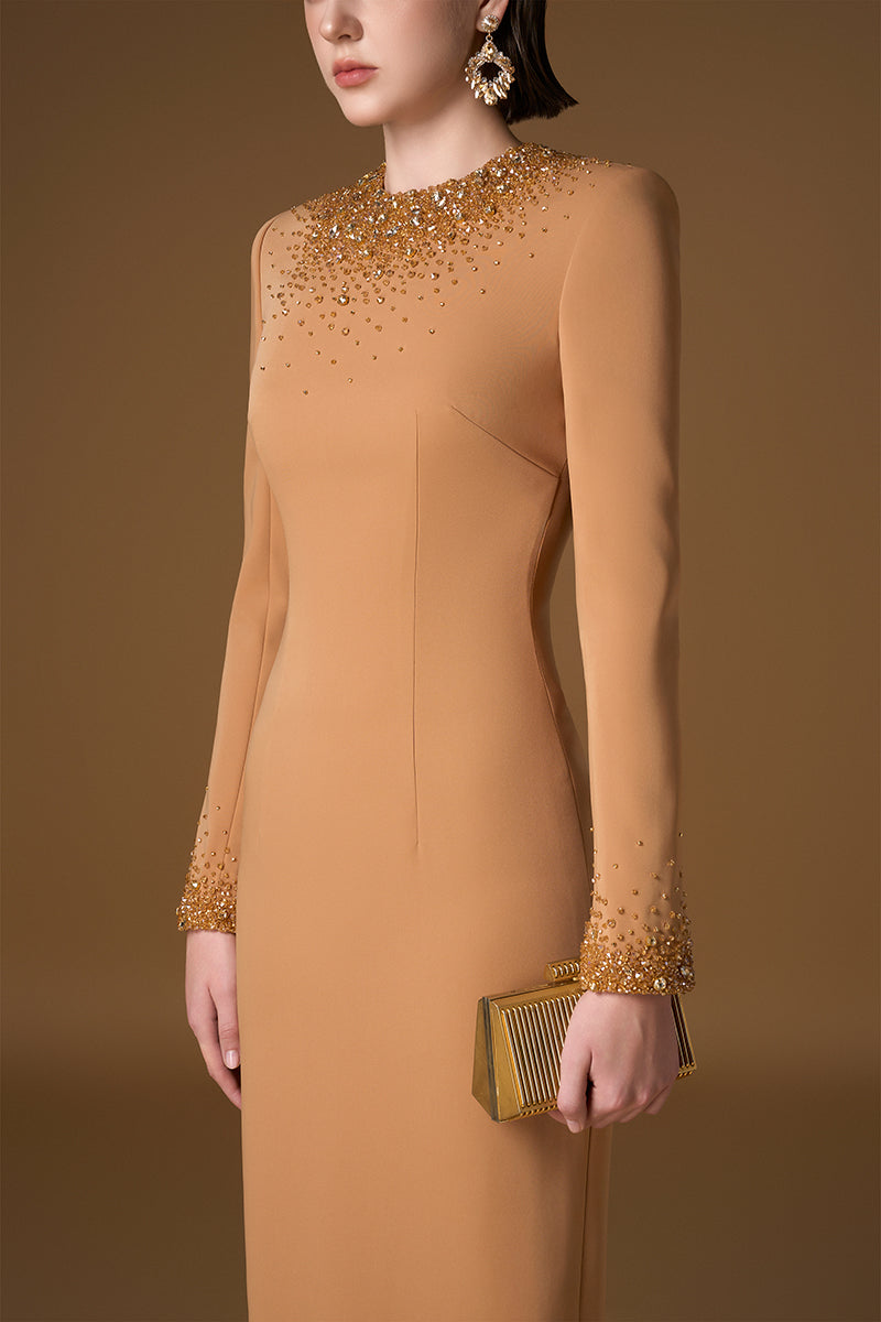 Round Neck Column Gown With Gold Crystals & Stones In Brown Crepe