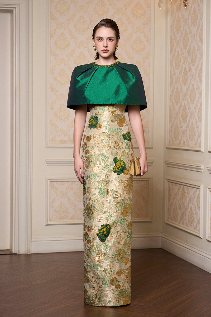 Round Neck Column Gown With Mini Cape In Green Floral Metallic Jacquard & Taffeta