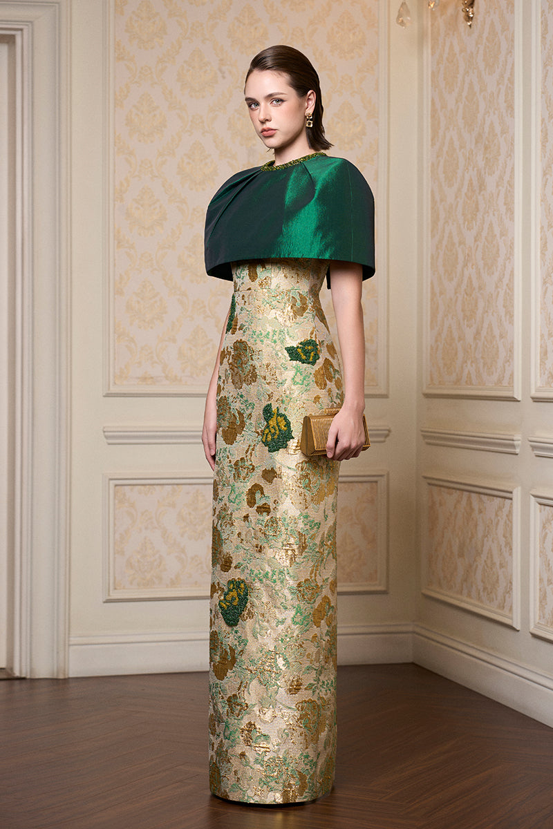 Round Neck Column Gown With Mini Cape In Green Floral Metallic Jacquard & Taffeta