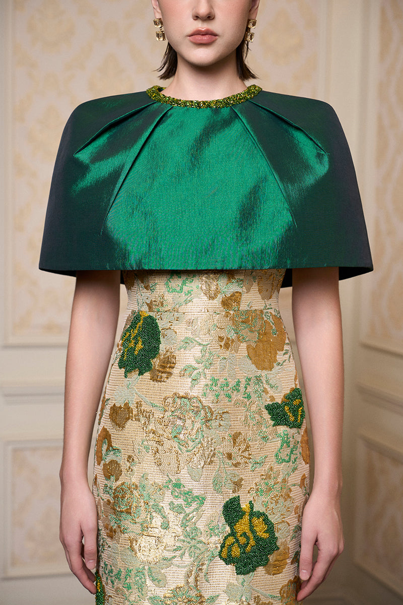 Round Neck Column Gown With Mini Cape In Green Floral Metallic Jacquard & Taffeta