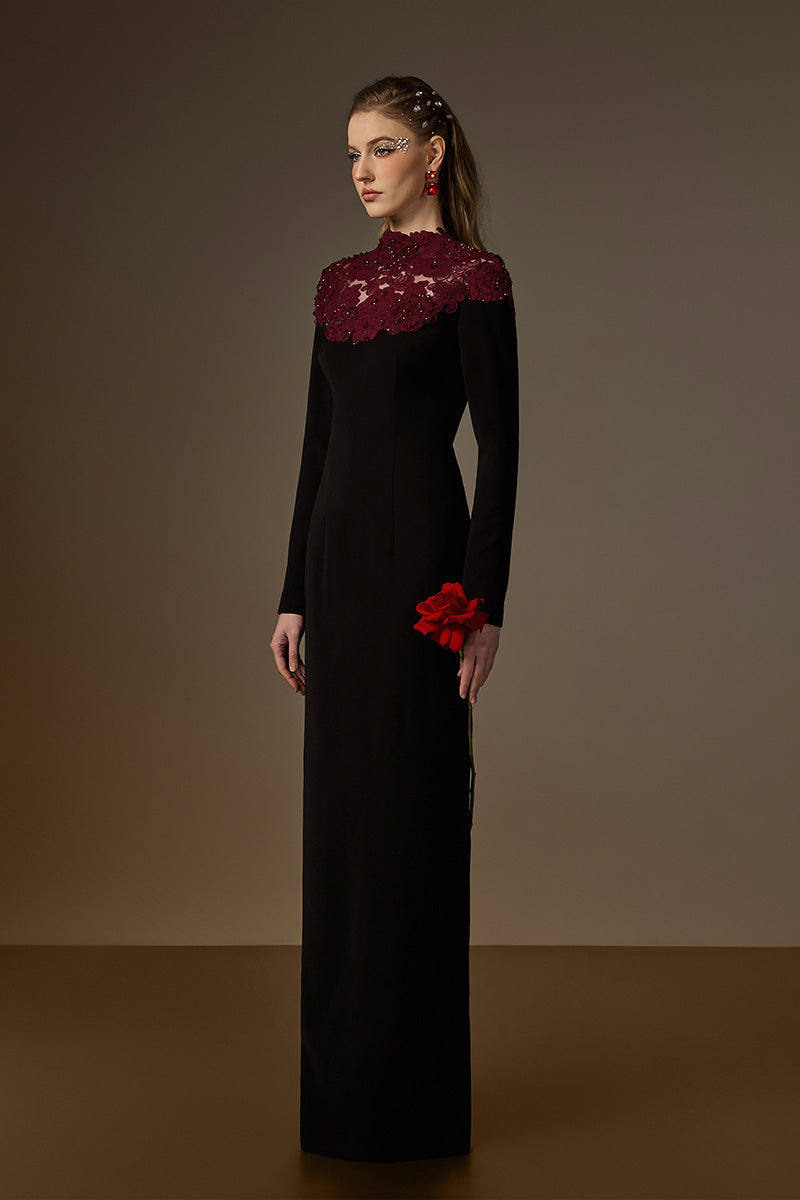 Round Neck Column Gown With Red Crystal Embellishments In Black Crepe And Burgundy Floral Garden Lace