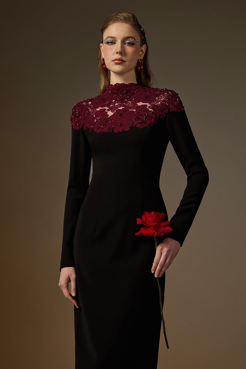 Round Neck Column Gown With Red Crystal Embellishments In Black Crepe And Burgundy Floral Garden Lace