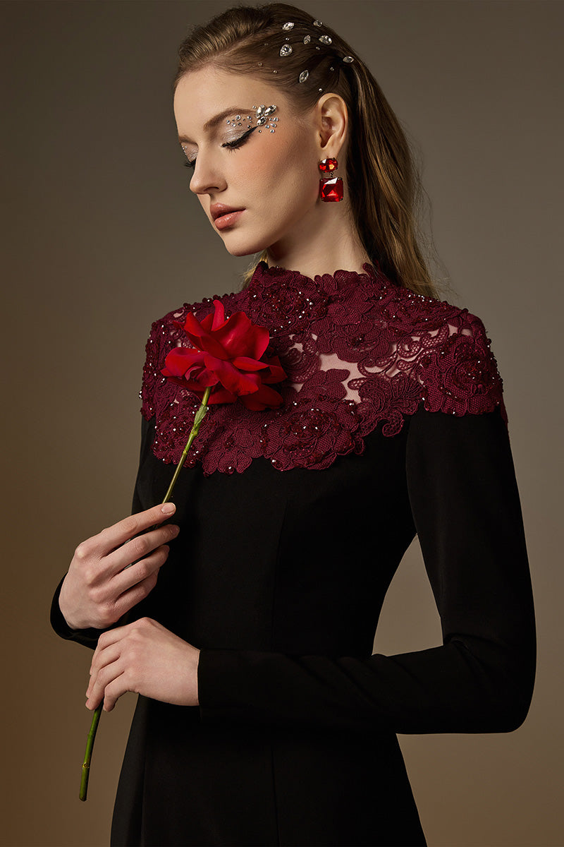 Round Neck Column Gown With Red Crystal Embellishments In Black Crepe And Burgundy Floral Garden Lace