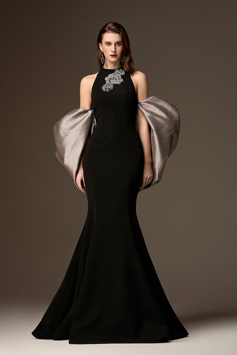 Round Neck Mermaid Gown With Draped Back Train In Black Crepe And Grey Taffeta