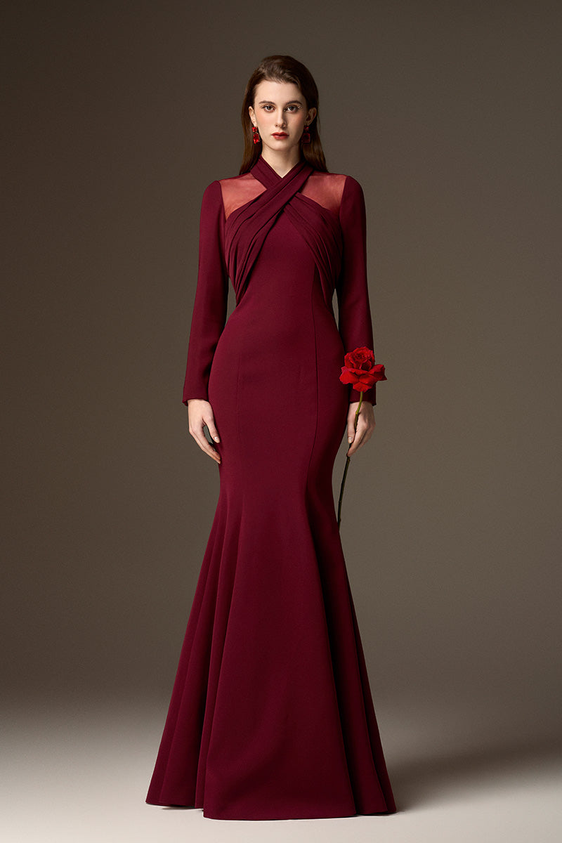 Round Neck Mermaid Gown With Draped Details In Burgundy Crepe