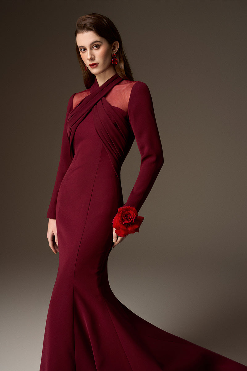 Round Neck Mermaid Gown With Draped Details In Burgundy Crepe