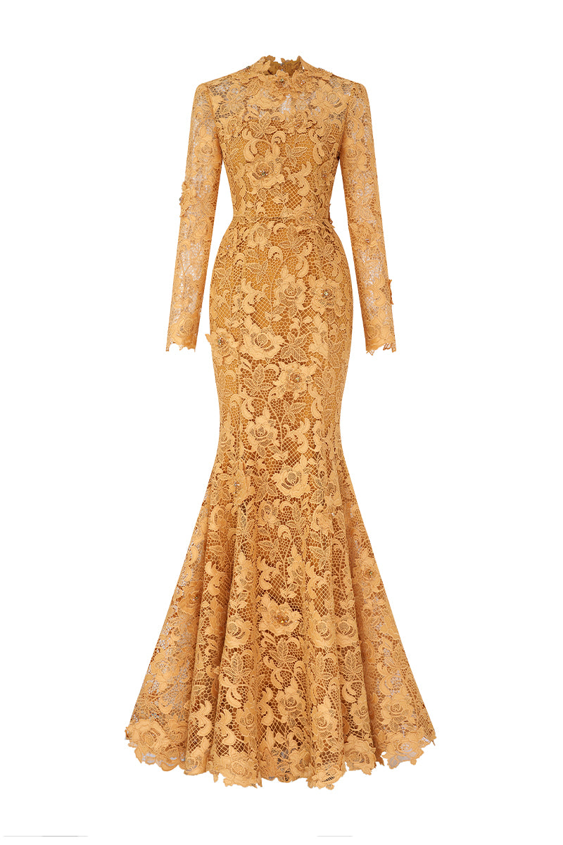 Round Neck Mermaid Gown With Long Sleeves In Yellow Guipure Lace