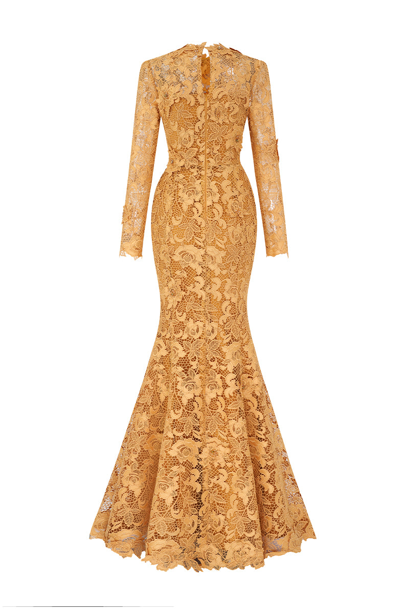 Round Neck Mermaid Gown With Long Sleeves In Yellow Guipure Lace