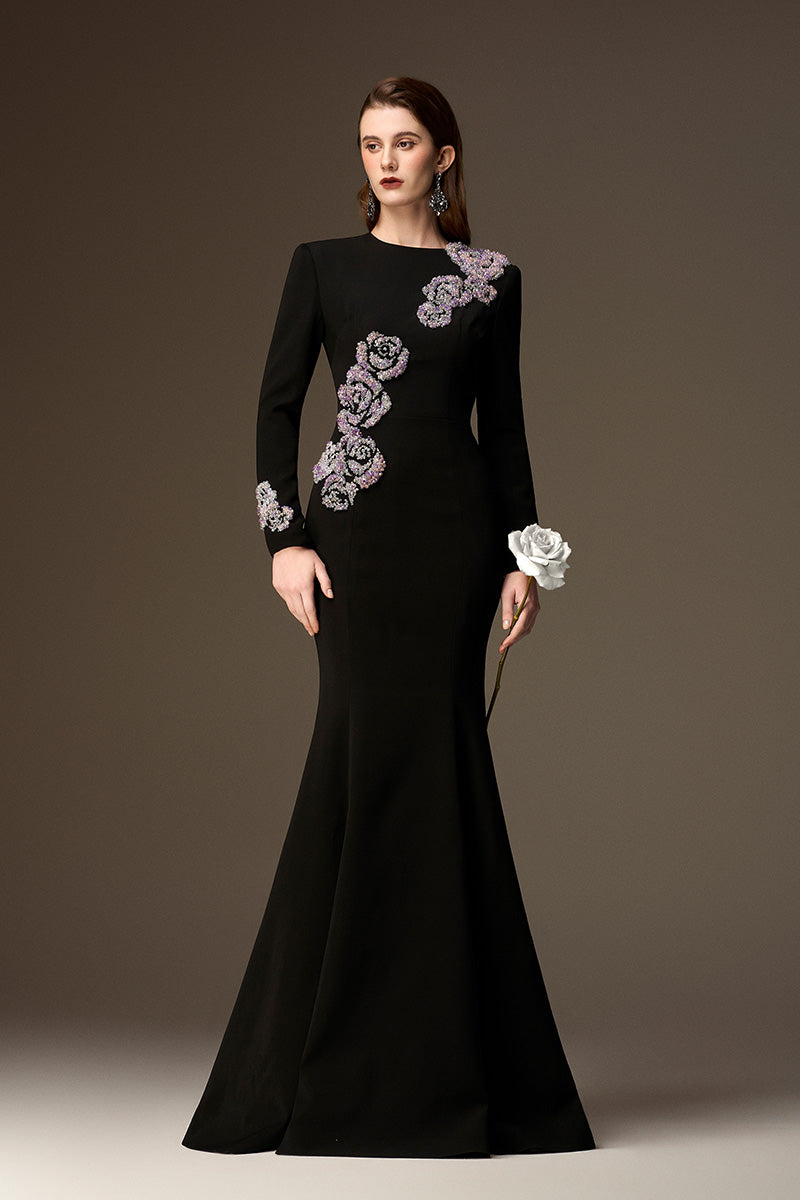 Round Neck Mermaid Gown With Rose-Shaped Crystal Embellishment In Black Crepe