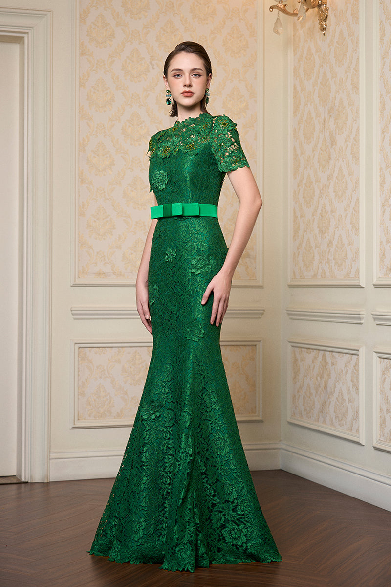Round Neck Mermaid Gown With Short Sleeves In Dark Green French Lace