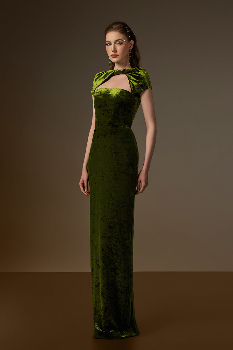 Round Neck Short Sleeve Gown With Draped Details In Green Velvet
