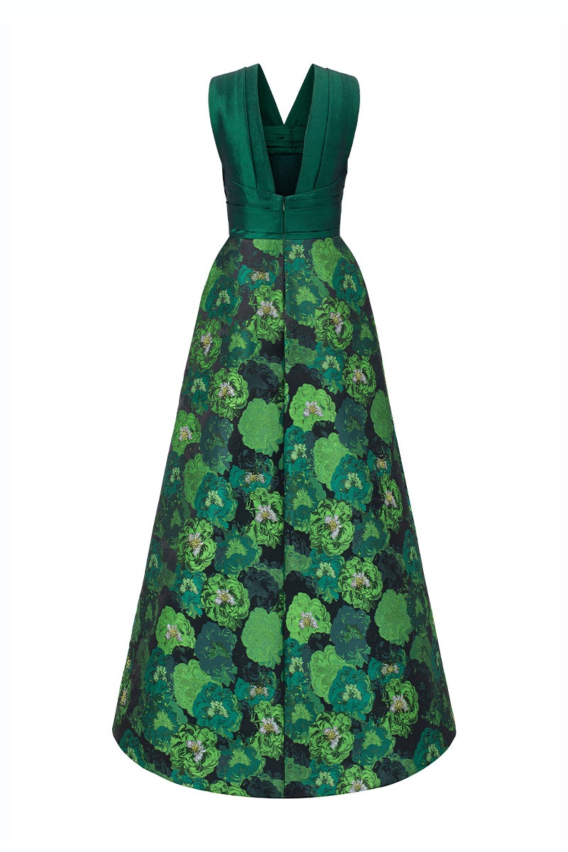 Round Neck A-line Gown With Gathering With Ties In Green Taffeta And Floral Jacquard