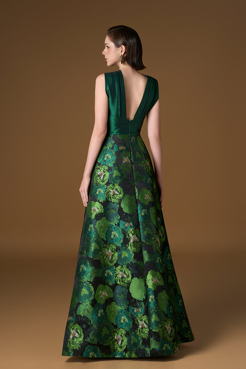 Round Neck A-line Gown With Gathering With Ties In Green Taffeta And Floral Jacquard