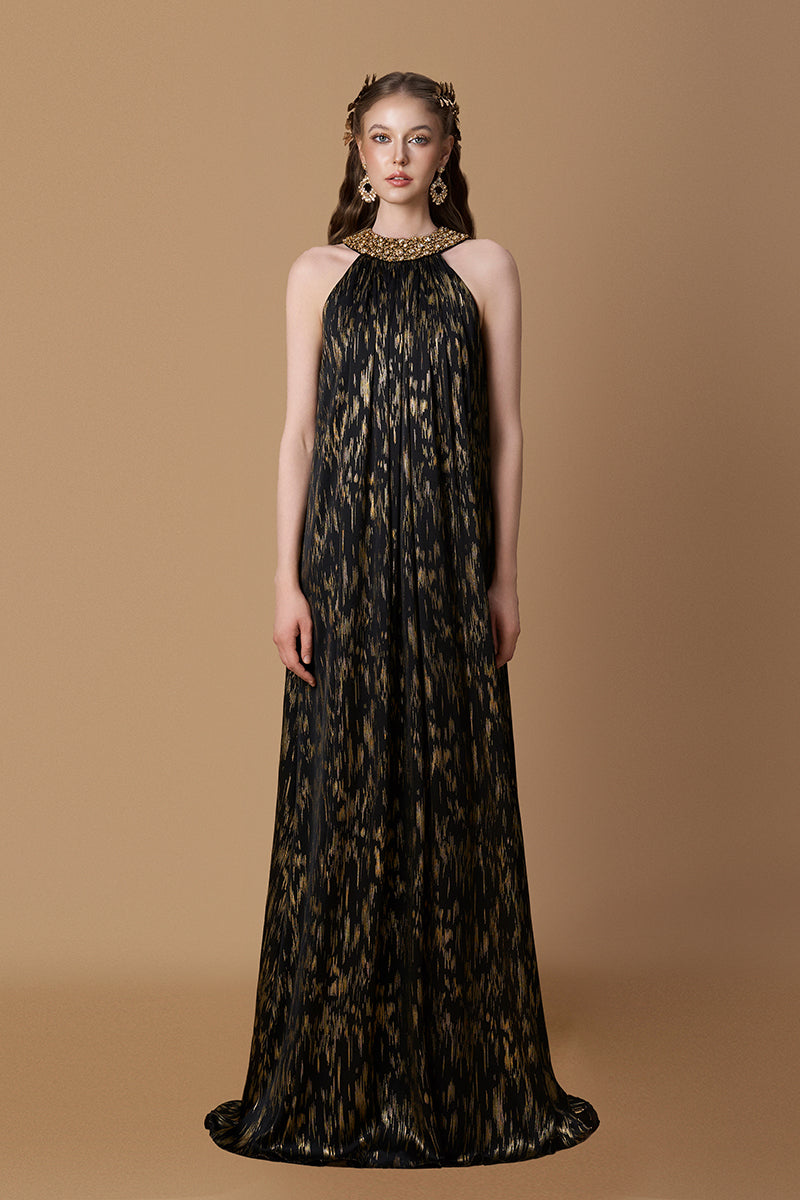 Round Neck A-line Gown With Large Collar In Black Metallic Striped Chiffon