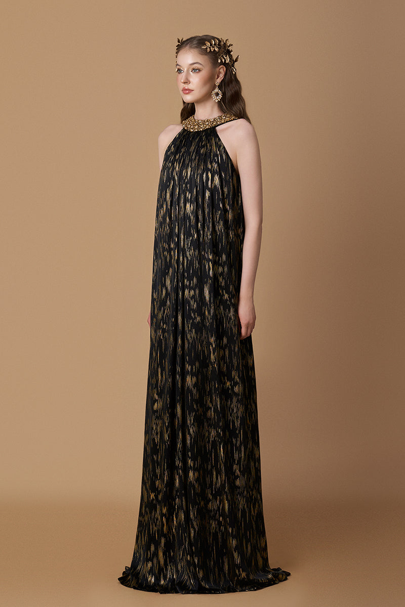 Round Neck A-line Gown With Large Collar In Black Metallic Striped Chiffon