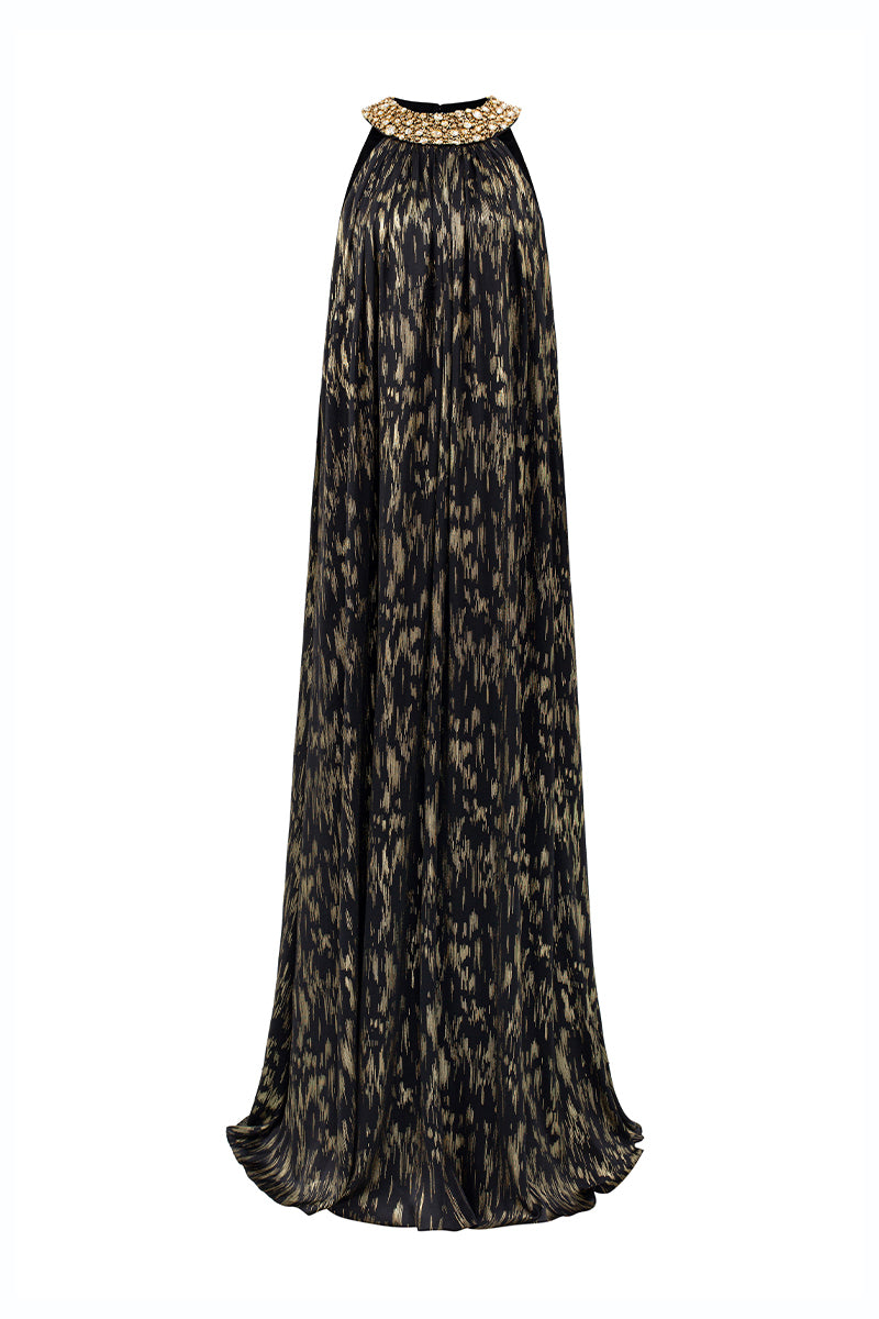 Round Neck A-line Gown With Large Collar In Black Metallic Striped Chiffon