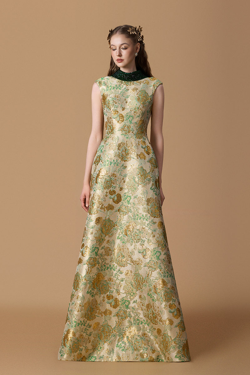 jacquard a line dress in green Round Neck -line Gown With De-Constructed Collar Floral Metallic Spring dress Tulle Short Cocktail Dress offering both comfort and COLOR:Beige