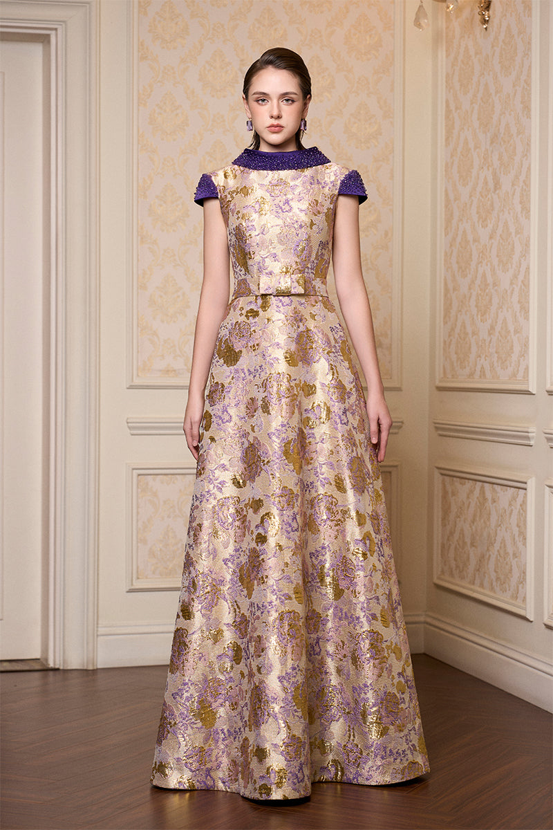 Round Neck A -line Gown With De-Constructed Collar In Purple Floral Metallic Jacquard