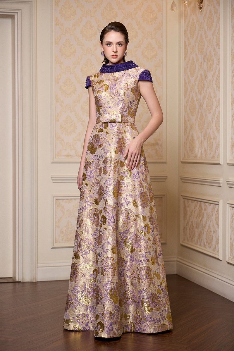 Round Neck A -line Gown With De-Constructed Collar In Purple Floral Metallic Jacquard