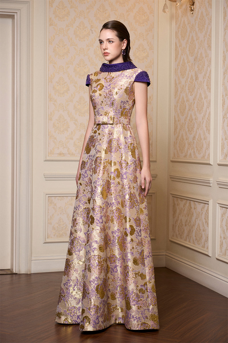 Round Neck A -line Gown With De-Constructed Collar In Purple Floral Metallic Jacquard