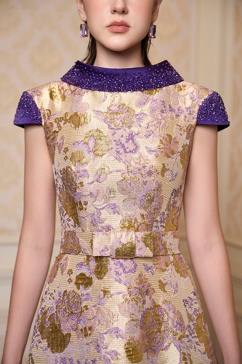 Round Neck A -line Gown With De-Constructed Collar In Purple Floral Metallic Jacquard