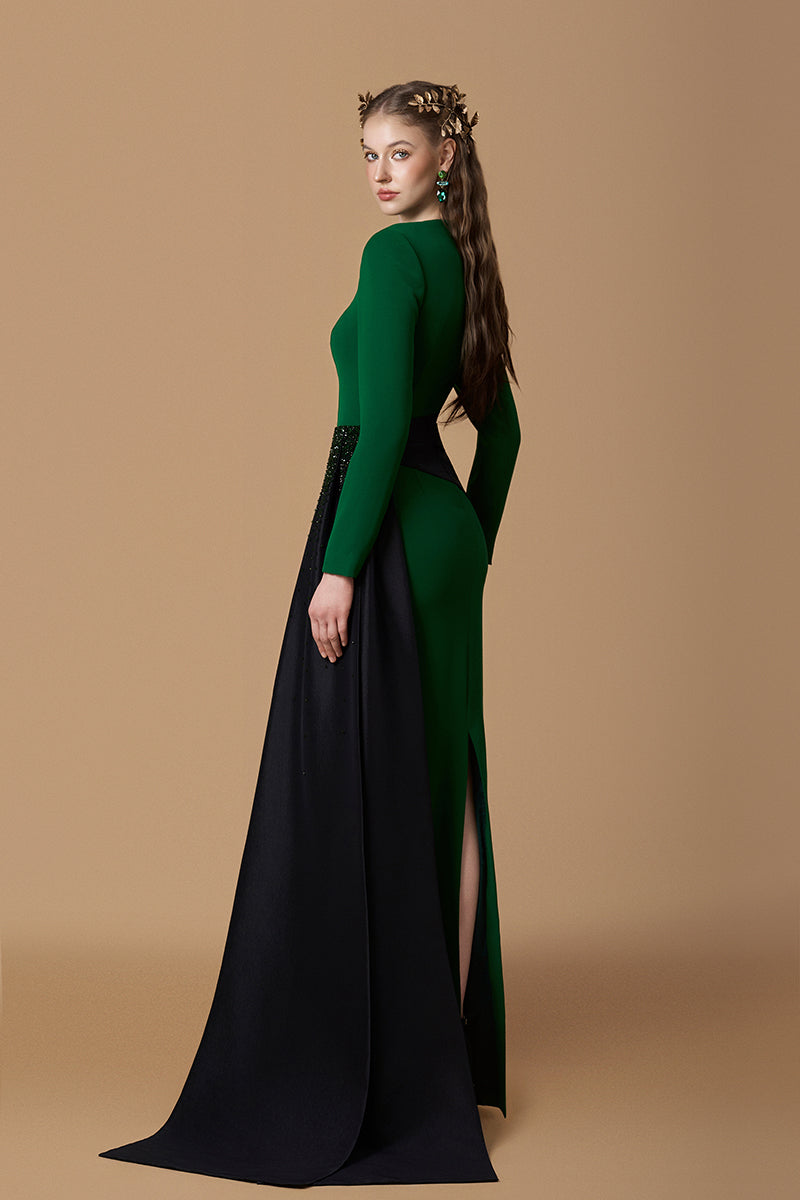 Round Neck Column Gown With Asymmetric Draped Detail In Green Crepe & Black Taffeta
