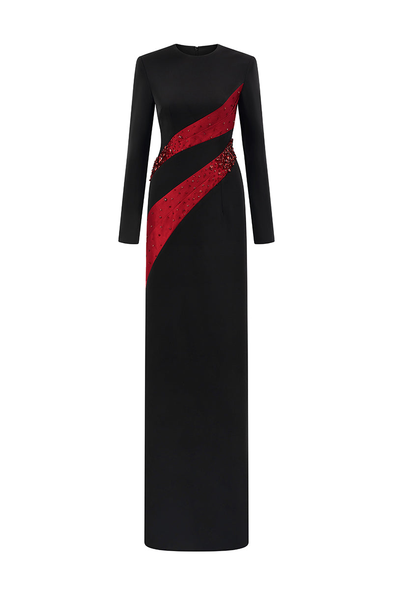 Round Neck Column Gown With Draped Lines Across Bodice