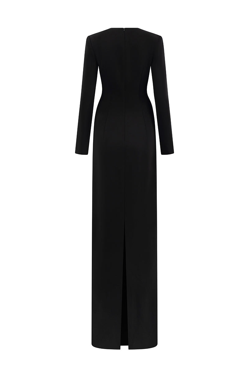 Round Neck Column Gown With Draped Lines Across Bodice