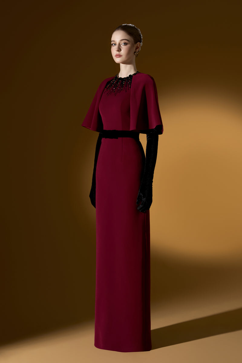 Round Neck Column Gown With Exaggerated Raglan Sleeves