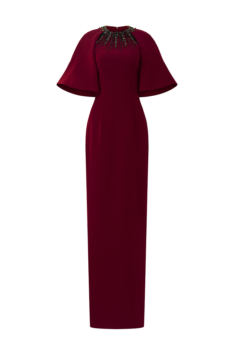 Round Neck Column Gown With Exaggerated Raglan Sleeves