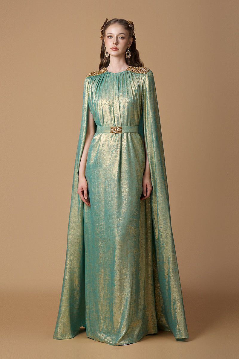 Round Neck Column Gown With Floor-Length Cape Sleeves In Light Green Metallic Silk