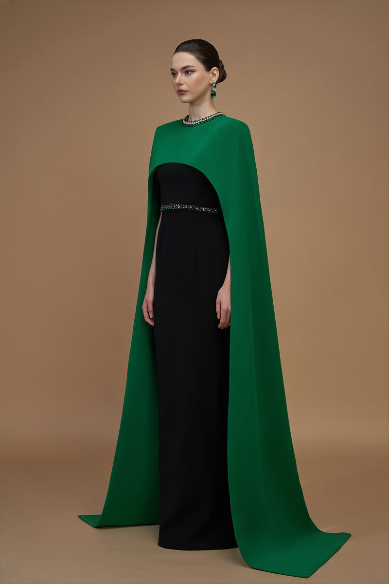 Round Neck Column Gown With Floor Length Cape Sleeves