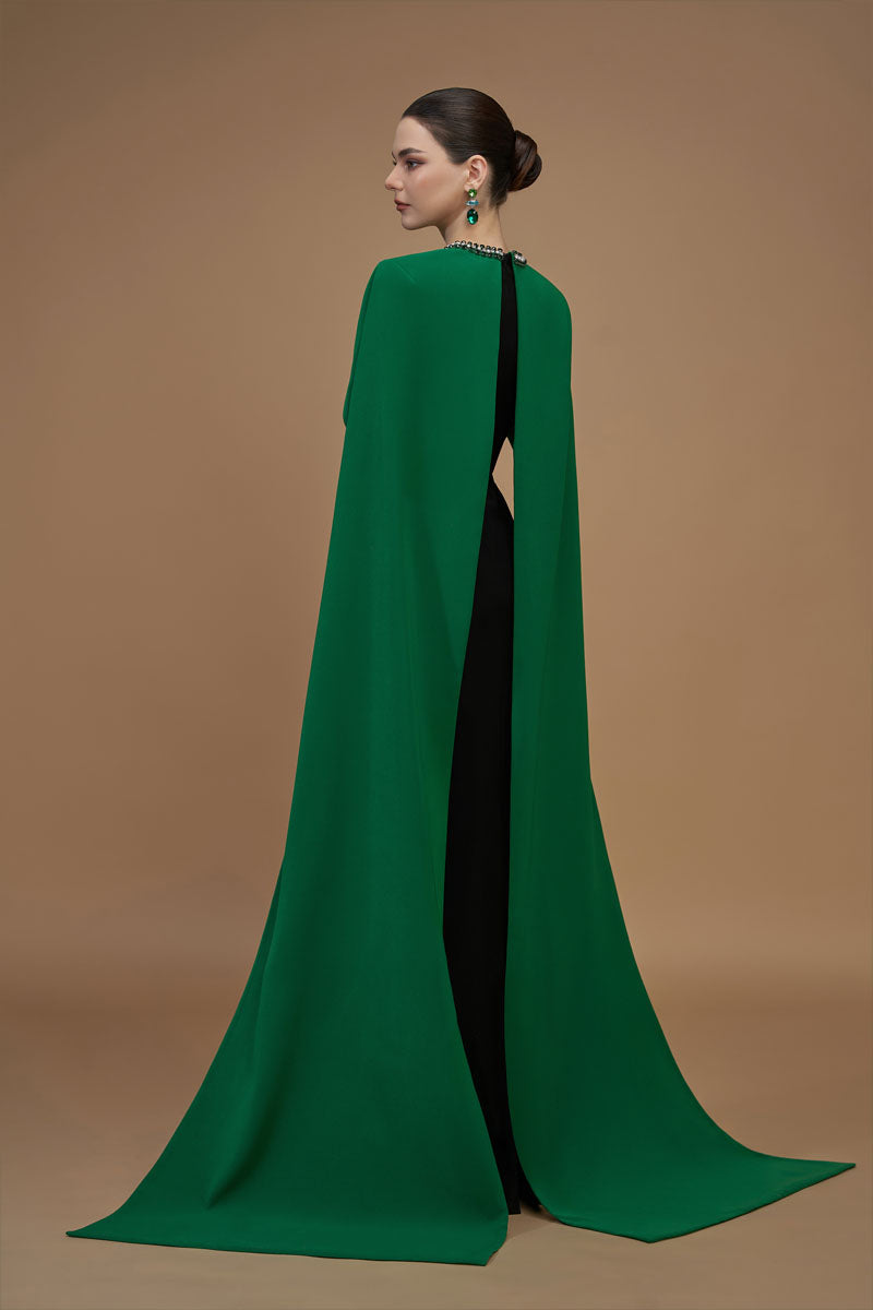 Round Neck Column Gown With Floor Length Cape Sleeves