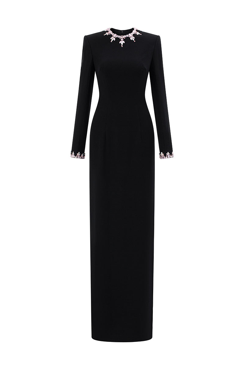 Round Neck Column Gown With Long Sleeves In Black Crepe