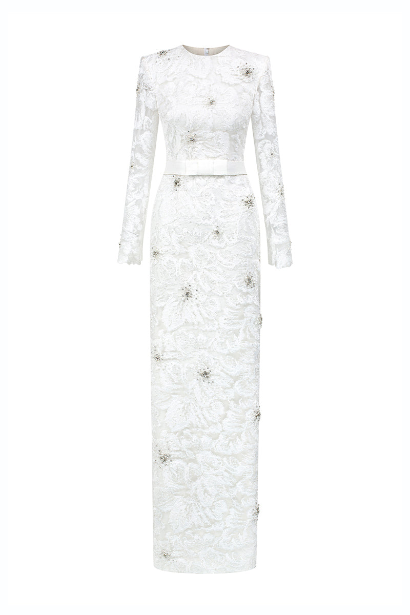 Round Neck Column Gown With Long Sleeves In White Sequin Lace