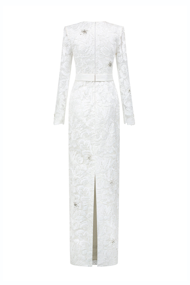 Round Neck Column Gown With Long Sleeves In White Sequin Lace