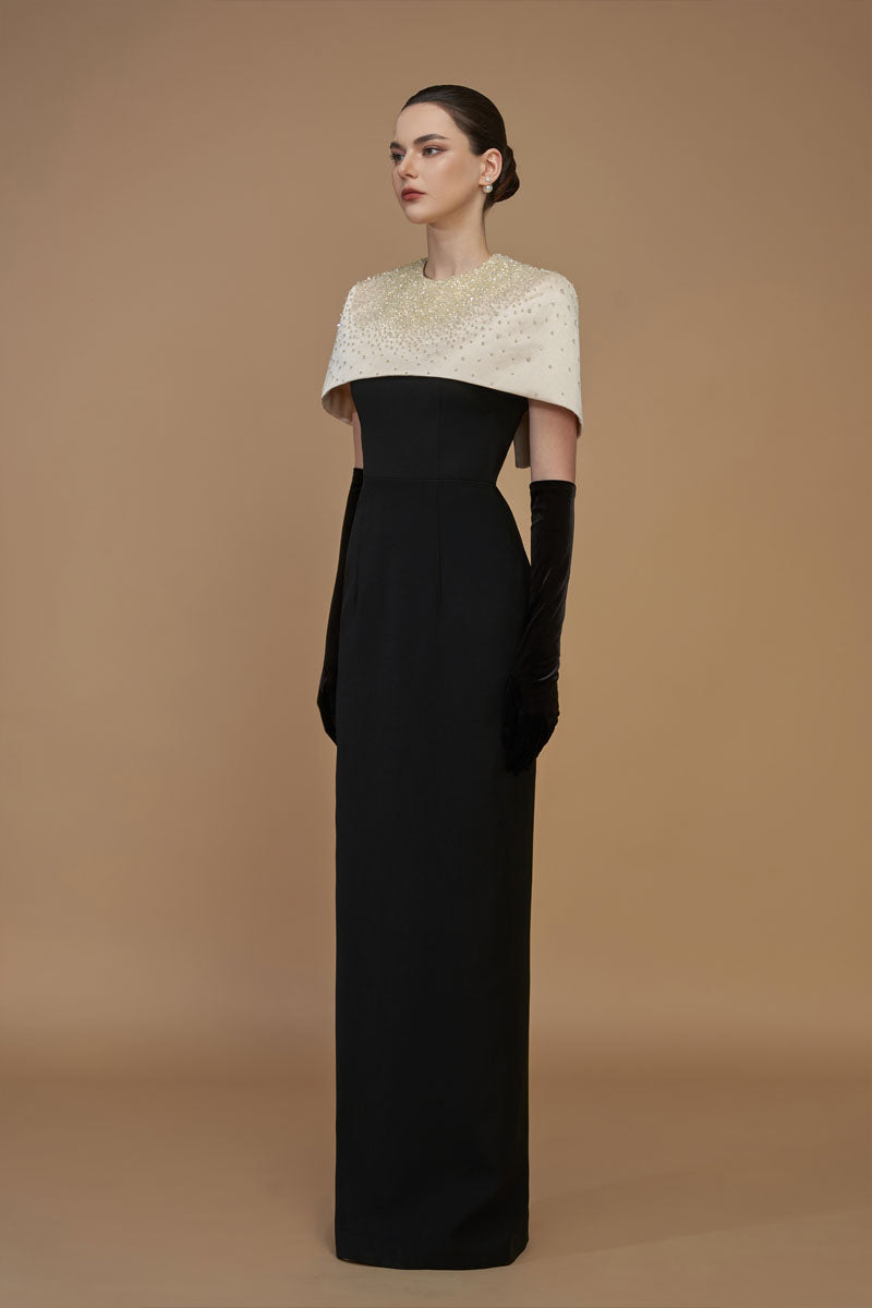 Round Neck Column Gown With Mini Cape In Beige And Black