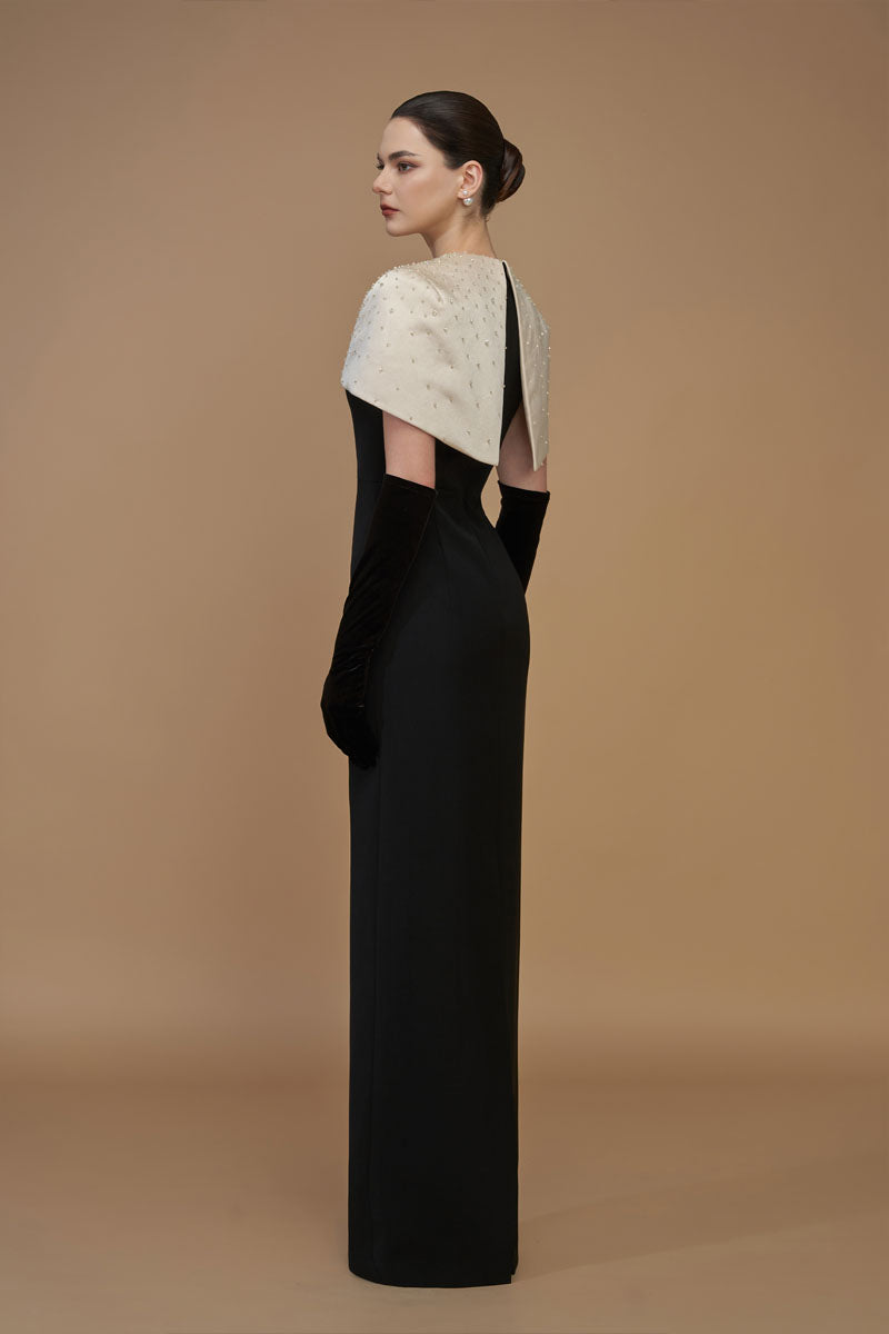 Round Neck Column Gown With Mini Cape In Beige And Black