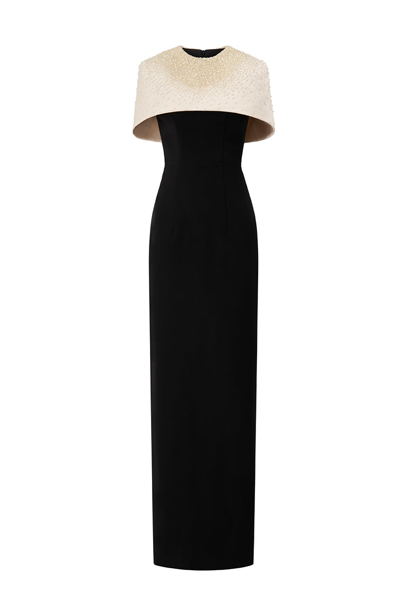 Round Neck Column Gown With Mini Cape In Beige And Black