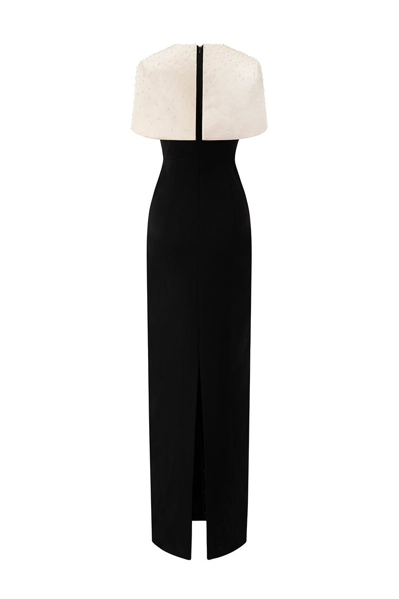 Round Neck Column Gown With Mini Cape In Beige And Black