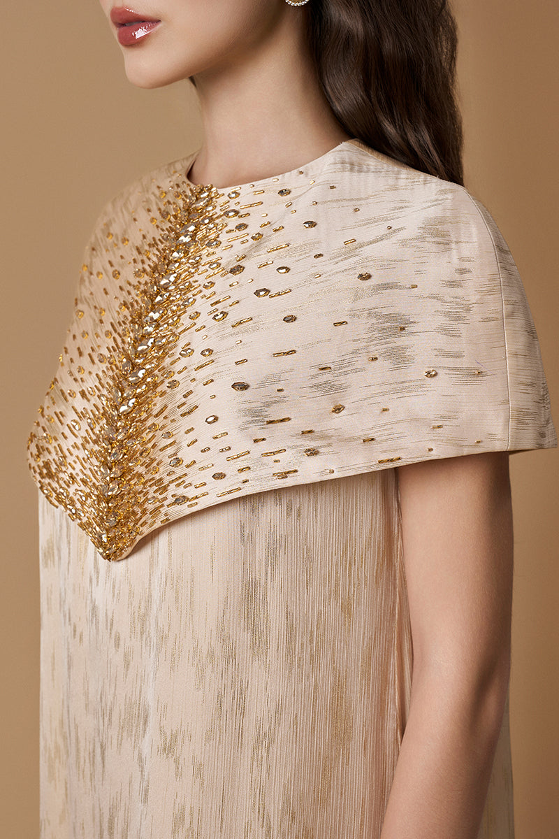 Round Neck Column Gown With Mini Cape In Beige Metallic Striped Chiffon